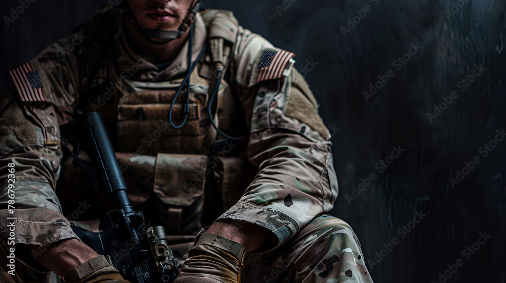 American soldier sitting against black wall background on Veterans Day, Generative Ai