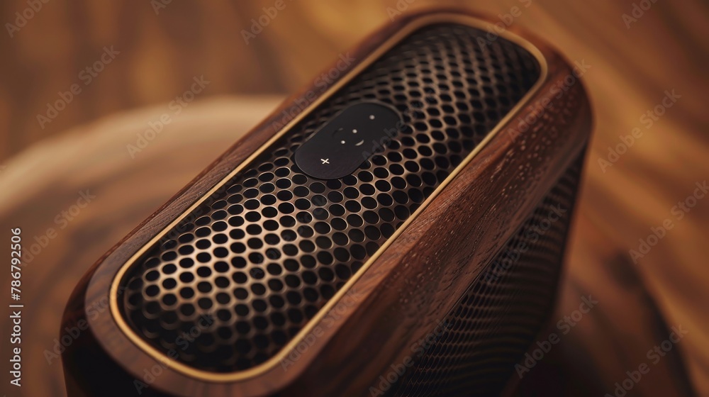 Detailed shot of a portable speaker with a luxury finish, on a brown background, blending tradition with modern tech Detailed shot of a portable speaker with a luxury finish, on a brown background, blending tradition with modern tech