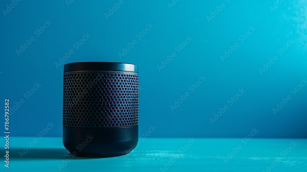Close-up portrait of a sleek portable speaker isolated on a vibrant blue background, epitomizing modern sound Close-up portrait of a sleek portable speaker isolated on a vibrant blue background, epitomizing modern sound