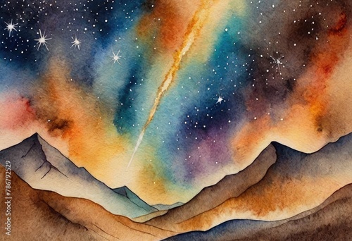 galactic wallpaper with a pattern of meteors in different shades of meteoric brown, overlaid with a surreal multicolored painting of a meteor shower