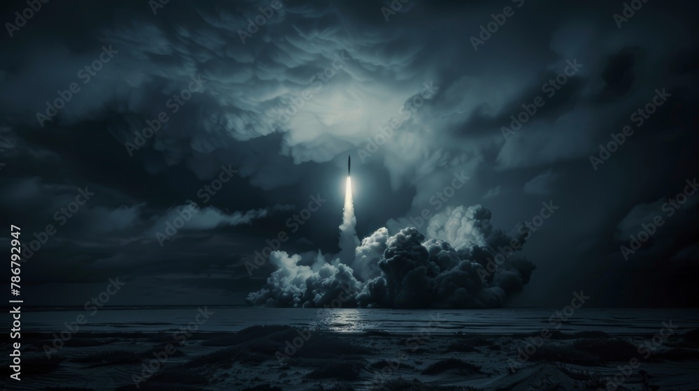 A stark launch of a nuclear missile pierces the dark sky, a powerful image of deterrence and strength