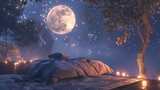 A tranquil bed setup under a luminous full moon and twinkling stars, perfect for dreamy night rest