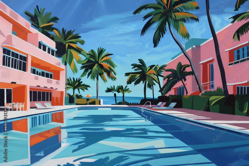 Lush acrylic paints depict a Miami beach resort in all its glory - Art Deco buildings, a refreshing pool, and a sun-drenched summer day.