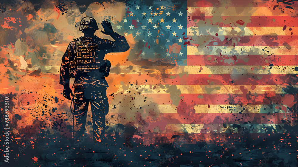 American soldier saluting with American flag in background, Generative AI - obrazy, fototapety, plakaty 