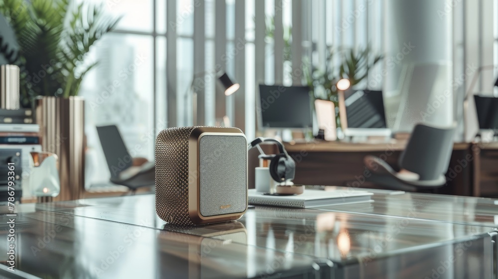 A luxurious portable speaker in a modern office setting, symbolizing premium sound and style A luxurious portable speaker in a modern office setting, symbolizing premium sound and style
