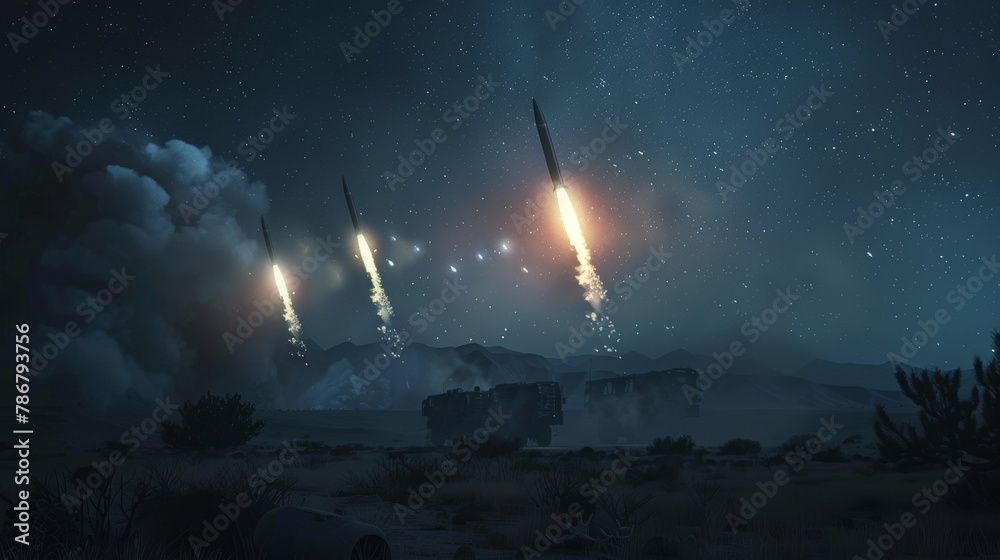 A chilling night scene of missile launchers firing salvos into the dark sky, ominous and powerful