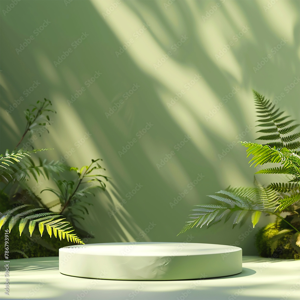 Round podium with green tropical palm leaves for product presentation Round podium with green tropical palm leaves for product presentation