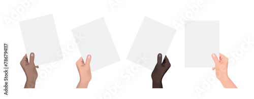 Diverse Black and White Hands Holding Empty Paper and Placard for Poster Banners. Vector.