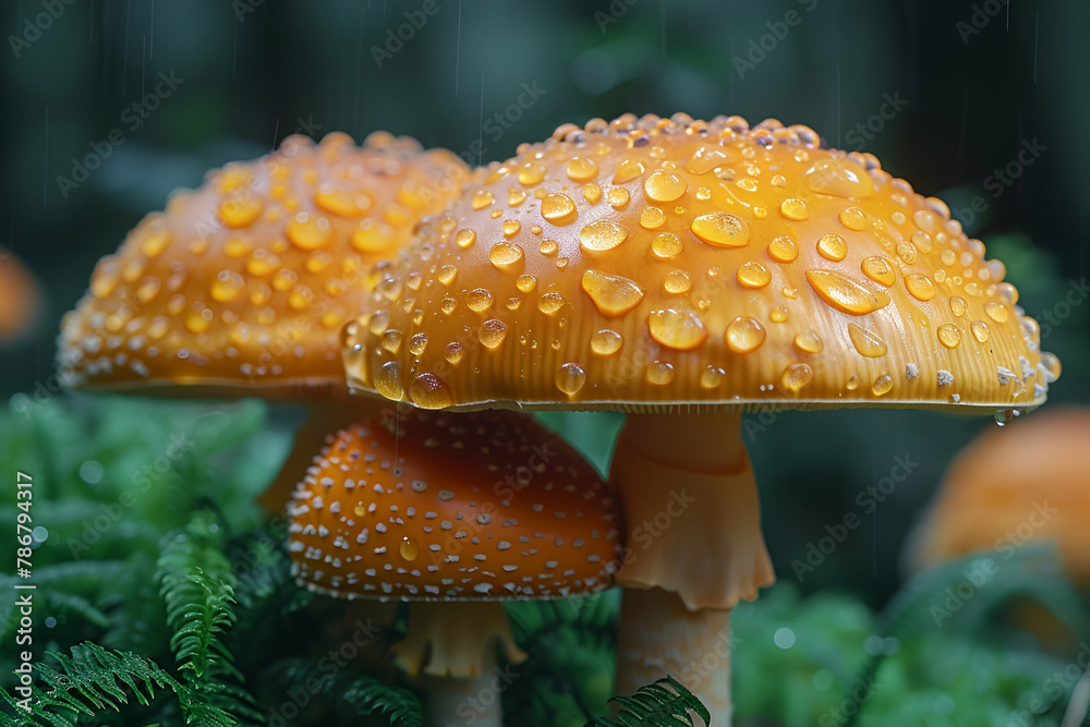 Obraz premium Vivid mushrooms adorned with dew drops, Enchanted Forest Floor Style, Nature's Small Wonders Concept, Great for Mycology and Nature Education, copy space
