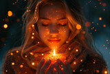 Woman cradling a warm light, her face aglow with sparks, Magical Luminescence Style, Intimate Winter Warmth Concept, Ideal for Holiday Spirit and Inner Peace Themes, copy space