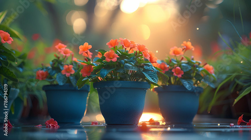Potted vibrant flowers basking in golden hour light, Urban Gardening Style, Homegrown Bliss Concept, Perfect for Home Decor and Lifestyle Magazines, copy space