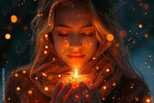 Woman cradling a warm light, her face aglow with sparks, Magical Luminescence Style, Intimate Winter Warmth Concept, Ideal for Holiday Spirit and Inner Peace Themes, copy space