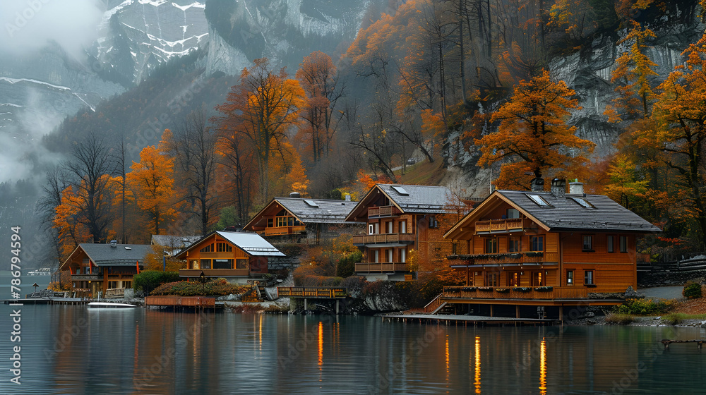 Fototapeta premium Wooden lakeside houses in autumn with mountain backdrop, Alpine Retreat Style, Serene Nature Escape Concept, Great for Travel Destinations and Nature Resorts, copy space