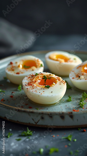 Beautiful presentation of Boiled Eggs, hyperrealistic food photography