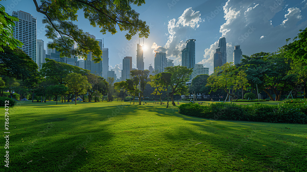 High-rise buildings cityscape in metropolis city center . Green environment city and downtown business district in panoramic Bangkok view