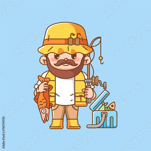 Cute fisher fishing catch kawaii chibi character mascot illustration outline style design