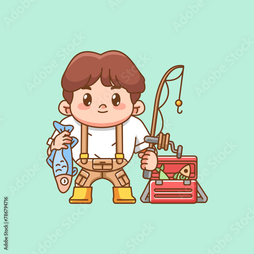 Cute fisher fishing fish kawaii chibi character mascot illustration outline style design