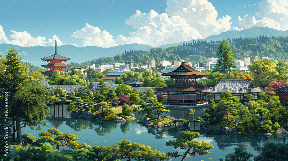 Fototapeta premium A picturesque depiction of the serene cityscape of Kyoto highlighting its historic temples