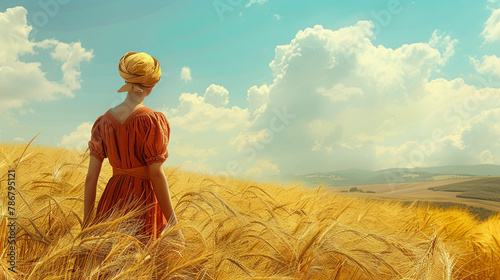 A playful image of Ruth gathering grain in the fields featuring dreamy visuals photo