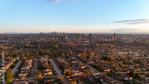 Beautiful sunset over the skyline of Burnaby in the Lower Mainland during a spring season in British Columbia, Canada