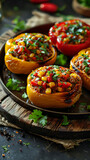 Beautiful presentation of Taco-stuffed bell peppers, hyperrealistic food photography
