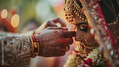 Groom Applying Sindoor to Bride's Hair photo