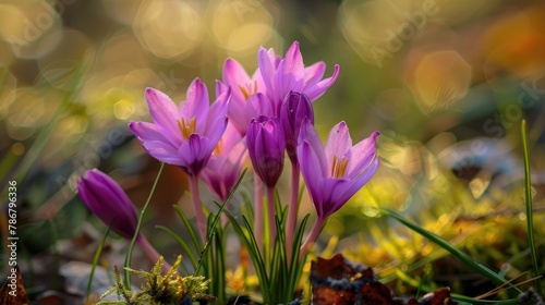 Small wildflower Colchicum parlatoris with purple pink flowers blooms in autumn