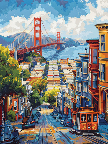 A vibrant portrayal of San Franciscos cityscape featuring the Golden Gate Bridge photo