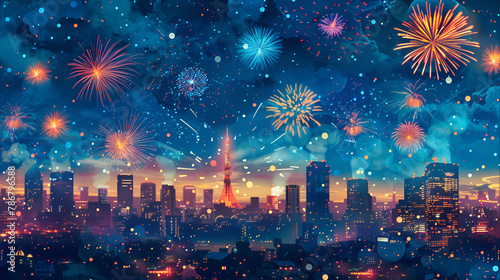 Night Sky Fireworks: Celebrating American Independence Day with Spectacular Display, Generative Ai