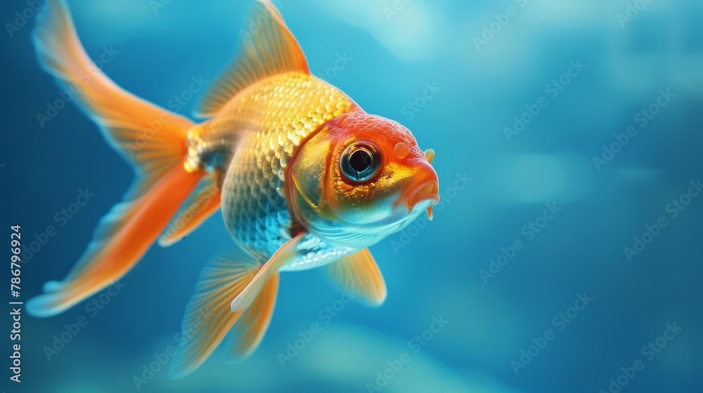 Vivid goldfish swimming in the deep blue, a serene display of grace and beauty under the water AI Generative. Vivid goldfish swimming in the deep blue, a serene display of grace and beauty under the water AI Generative.