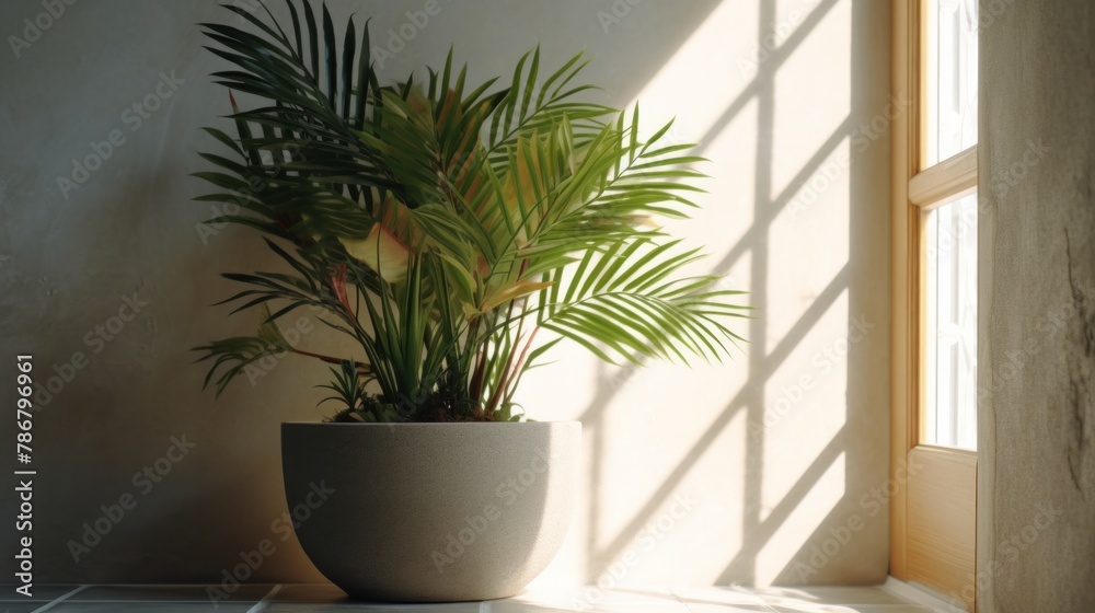 Indoor potted palm in modern pot basking in natural sunlight near window, adding greenery to contemporary interior design AI Generative. Indoor potted palm in modern pot basking in natural sunlight near window, adding greenery to contemporary interior design AI Generative.