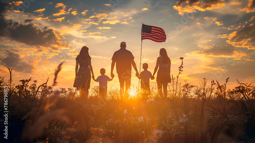 American family celebrates Independence Day with flag in front of Sun, Generative AI