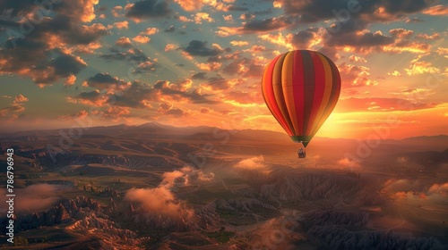 A breathtaking hot air balloon journey towards the sunrise, AI Generative. photo