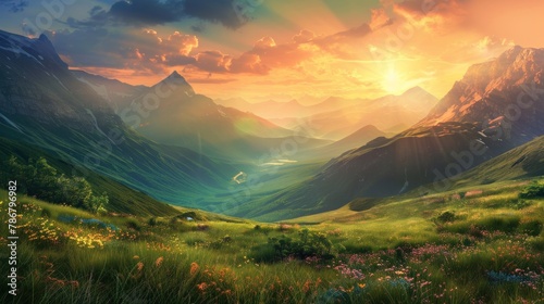 Mountain valley sunrise. Beautiful landscape