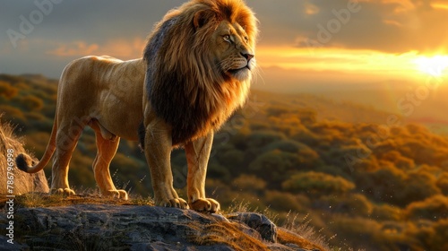 A majestic lion surveys the savannah at sunset  embodying the wild s solemn grace AI Generative.