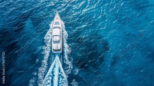 Luxurious yacht sailing on the vast blue ocean, captured from an aerial perspective AI Generative.