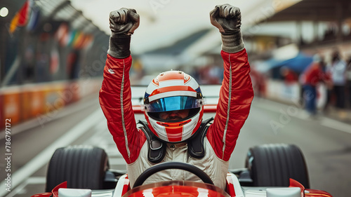 A race car driver exults in victory, fists raised in the exhilaration of triumph, AI Generative. photo