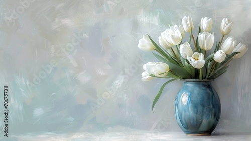 Elegance and purity depicted in white tulips arranged in a blue vase AI Generative. #786797311