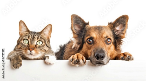 Cat and dog share a banner, a charming display of interspecies friendship AI Generative. © Alisa