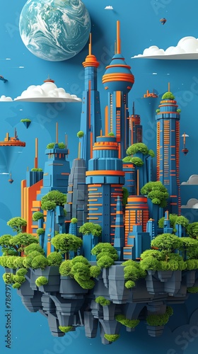 Capture the essence of a futuristic cityscape with sleek, metallic buildings entwined with lush, overgrown greenery in a digital photorealistic rendering Implement innovative lighting techniques to ac