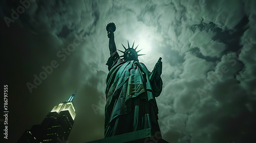 Night sky, Statue of Liberty, illuminated – Generative AI