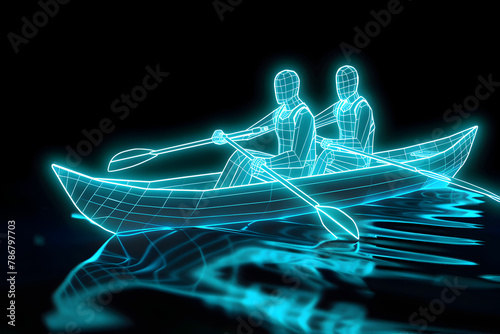 Neon wireframe rowing boat in motion isolated on black background.