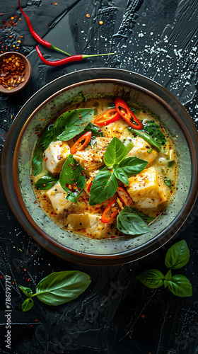 Beautiful presentation of Thai Green Curry, hyperrealistic food photography