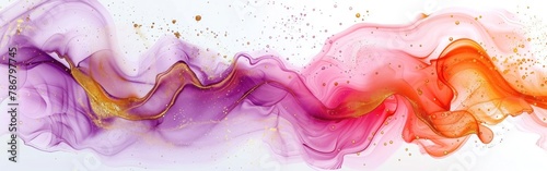 Abstract Watercolor Background in Pink and Purple with Golden Lines and Marbled Swirl Waves Texture, Isolated on White