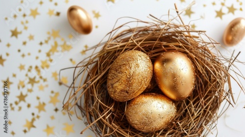Nest of golden eggs amidst a starry fantasy, AI Generative.
