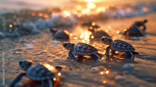 Baby sea turtles' first journey to the ocean at sunset AI Generative. photo