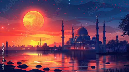 vector illustration of a view of a mosque at night 1 AI Generative