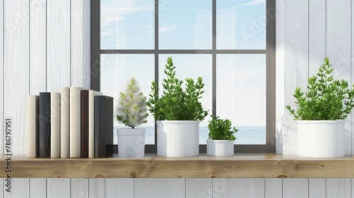 Rustic bookshelf with plants and a serene sea view, AI Generative.