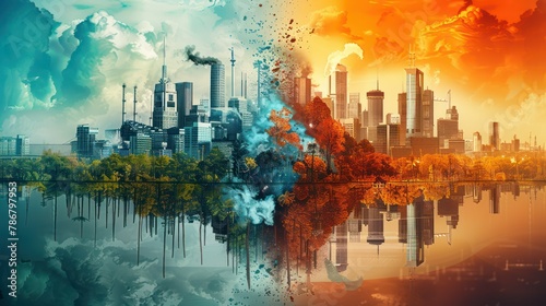 Earth day concept. illustration urban factory  with carbon pollution in dual tone style.  photo