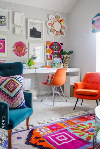 A funky home office with a mix of vibrant furniture, quirky wall art, and bright accent rugs, Generative AI